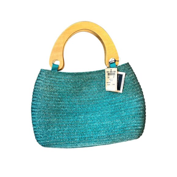 Vintage Jennifer Moore Turquoise Rattan Bamboo Shoots Wooden Handled Purse - Picture 1 of 7